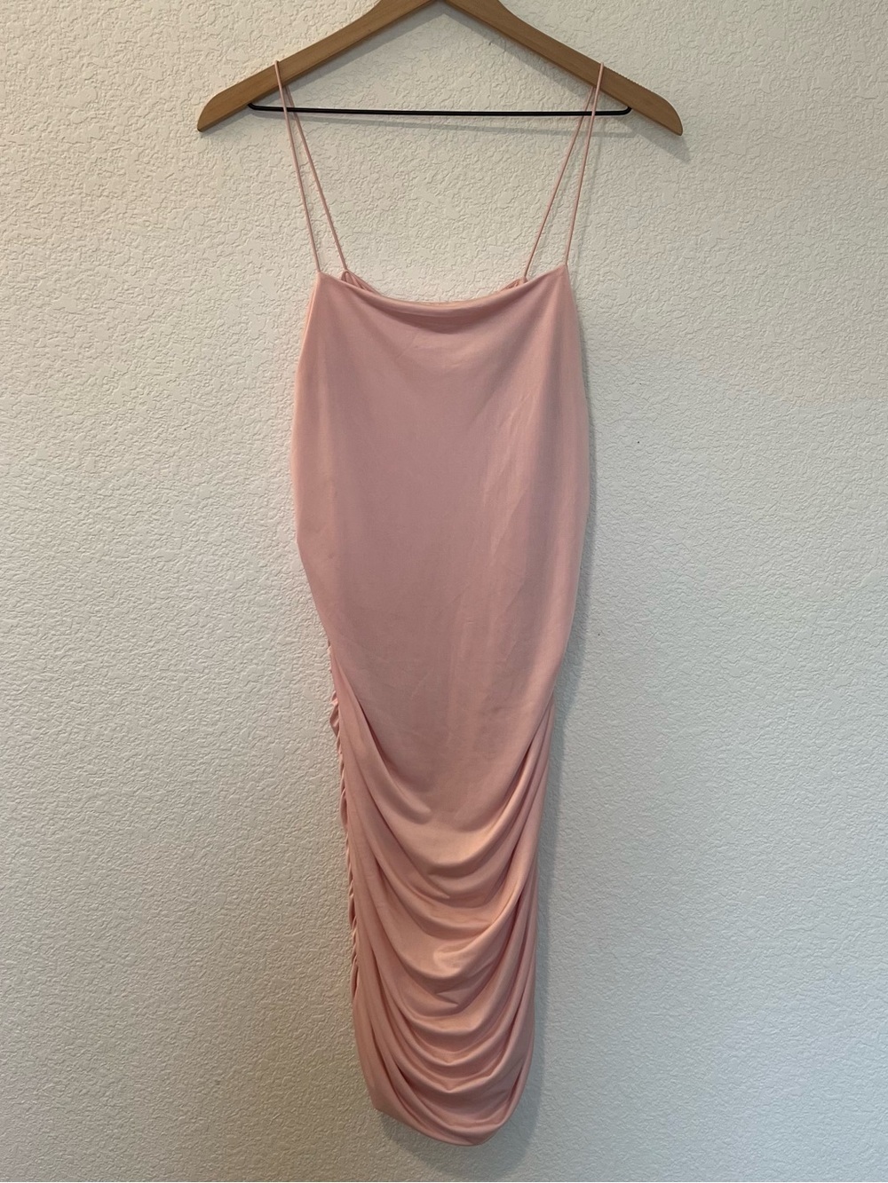 Love by Design Pink Spaghetti Strap Bodycon Ruched Midi Dress- Size Large